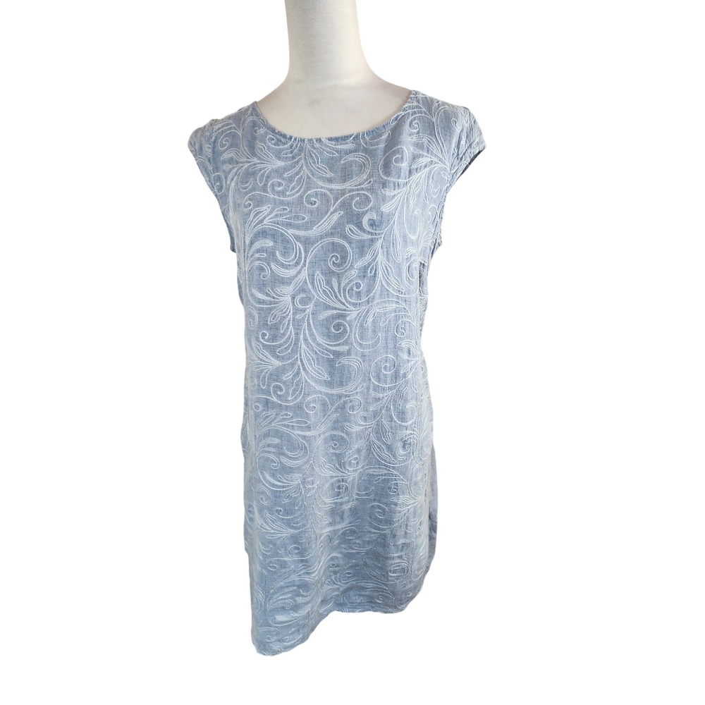 Lina Tomei XL Blue Linen Embroidered Shift Dress Made Italy Sleeveless Lagenlook
